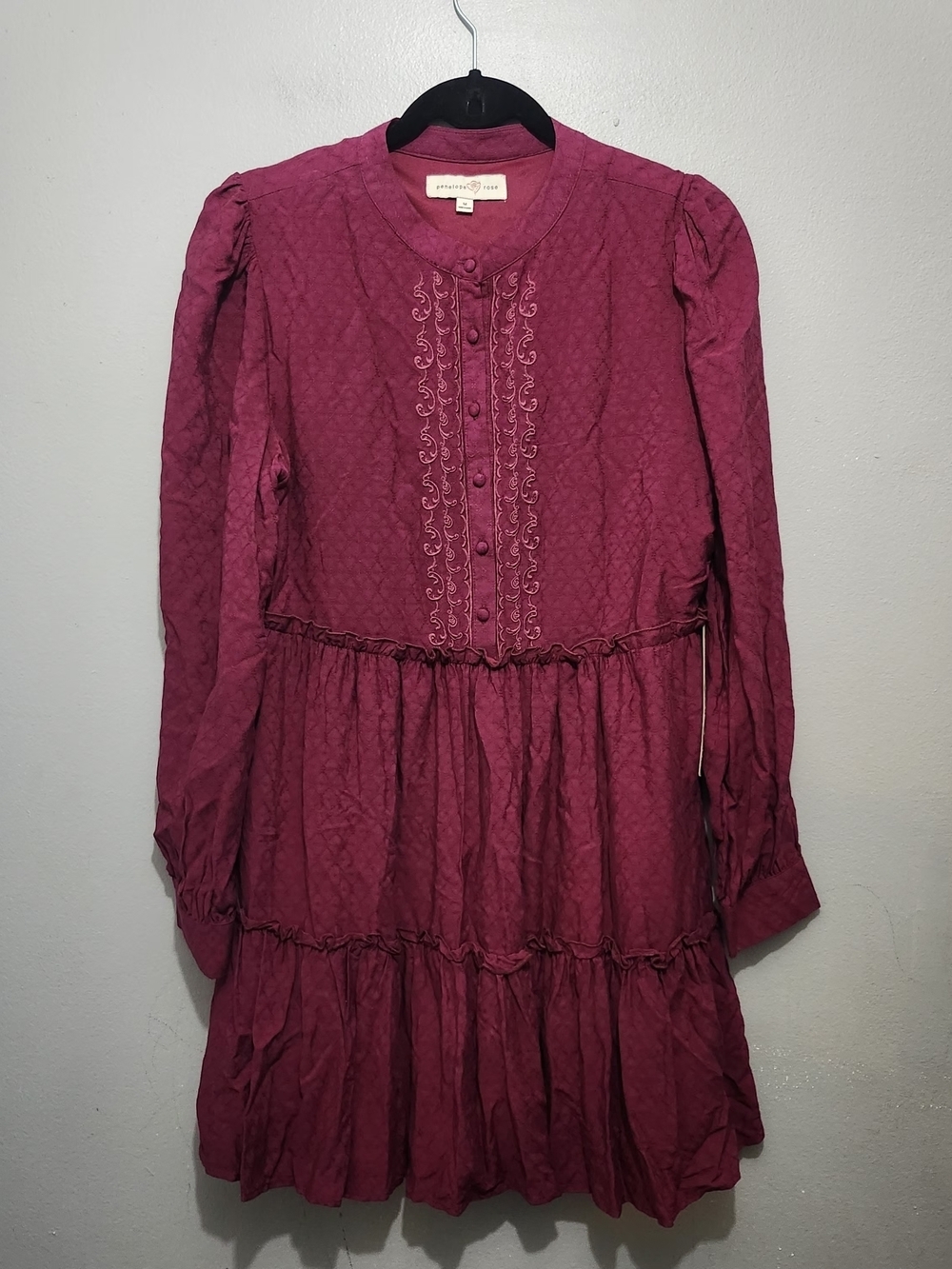 Women's Burgundy Red Embroidered Tiered Mini Dress New With Tags